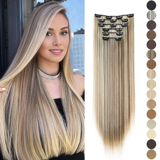 24-Inch Clip-In Hair Extensions - Long Straight Heat-Resistant Synthetic Hairpieces for Women