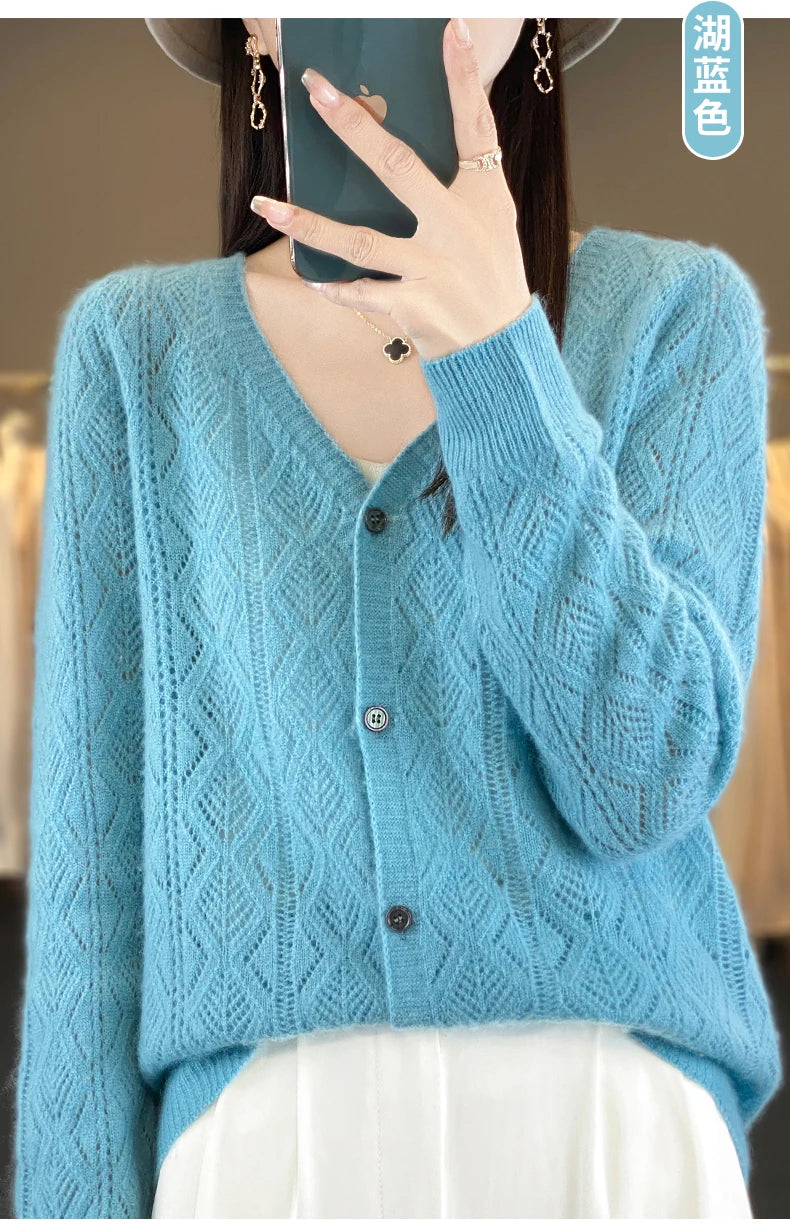 Women's 100% Wool Cashmere Cardigan – V-Neck, Super Soft, Loose Fit, Long Sleeve Knit Sweater