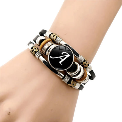 A-Z English Letters Leather Bracelet - 26 Initial Cabochon Glass Snap Wristband for Men & Women, Couple Gift