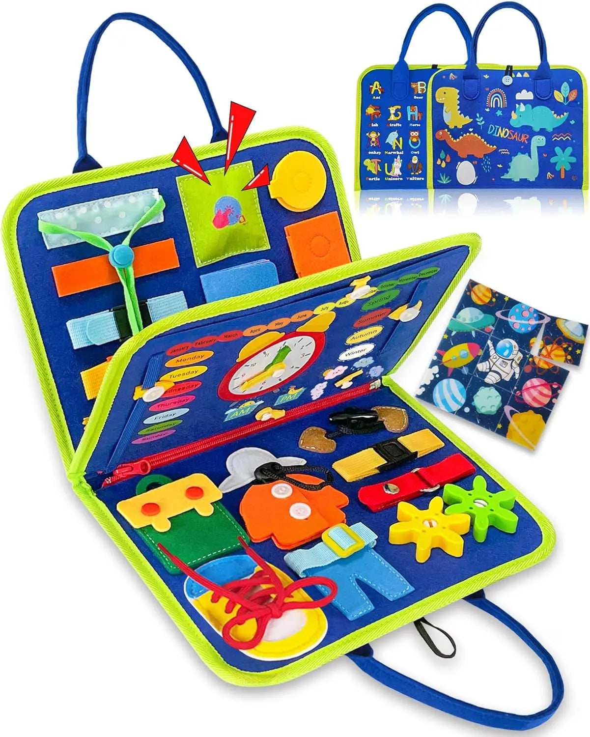 Montessori Toddler Busy Board – Dinosaur Dress-Up Sensory Toy for Learning Life Skills & Travel Backpack