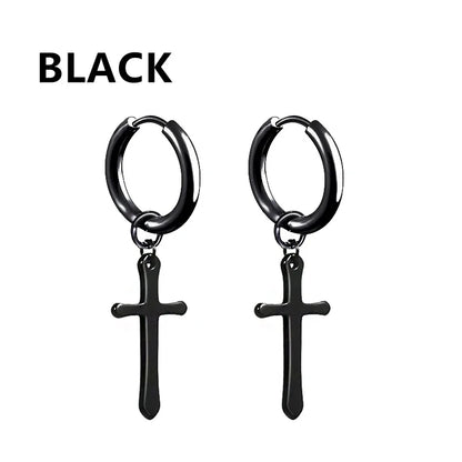 Stainless Steel Cross Star Dangle Earrings - Punk Gothic Hoop Huggie Jewelry for Men & Women