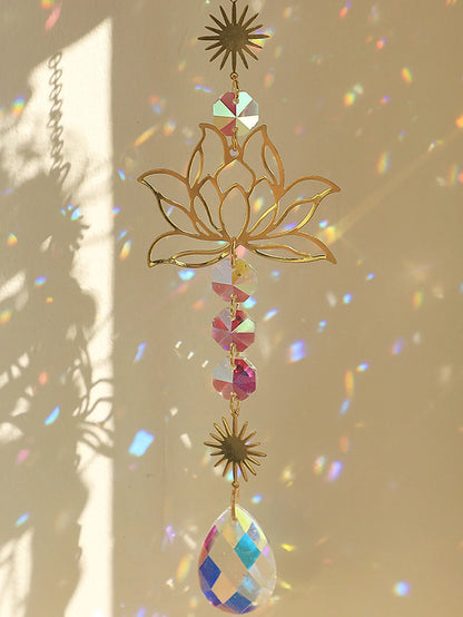 Golden Lotus AB Crystal Suncatcher Pendant – Colorful Water Drop Decoration for Gardening Crafts and Home