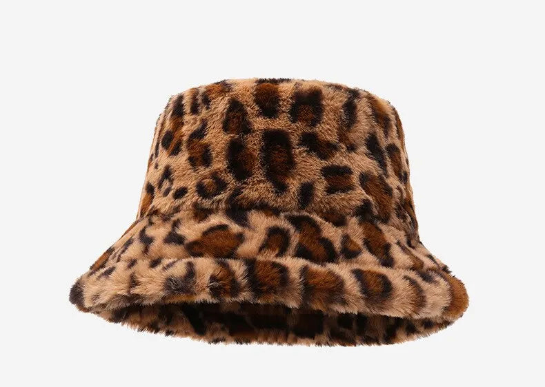 Women’s Winter Leopard Print Fisherman Hat – Versatile Plush Bucket Hat, Warm Pot-Style Headwear