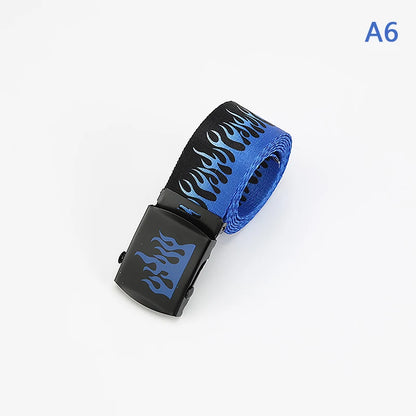 Hip Hop Fashion Canvas Belt – Personalized Flame Design, Casual & Punk Cowboy Belt for Men & Women