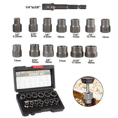 14-Piece Bolt & Nut Remover Socket Set - Cr-Mo Steel Damaged Screw Extractor Car Tool Kit