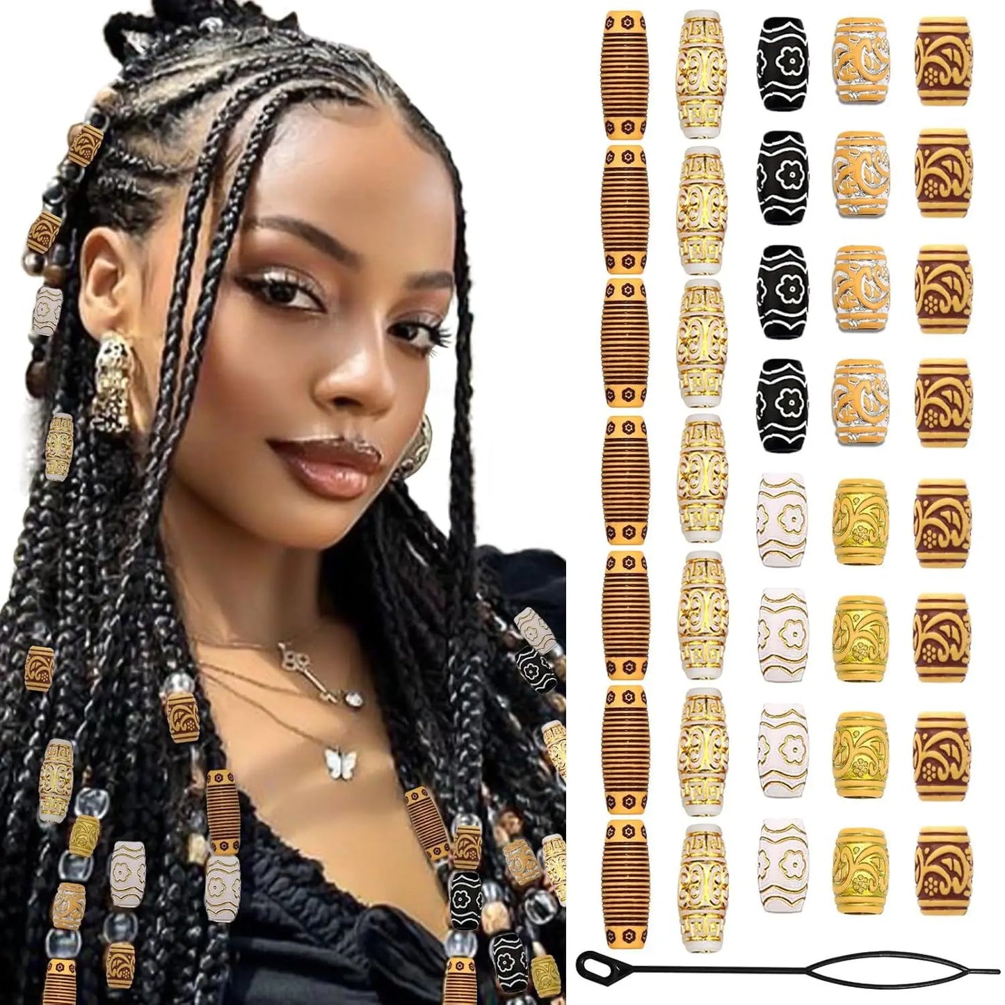 32-60PCS Human Hair Braiding Rings Kit — Gold, Silver & Wood Dreadlock Accessories Set for Men & Women Hair Styling