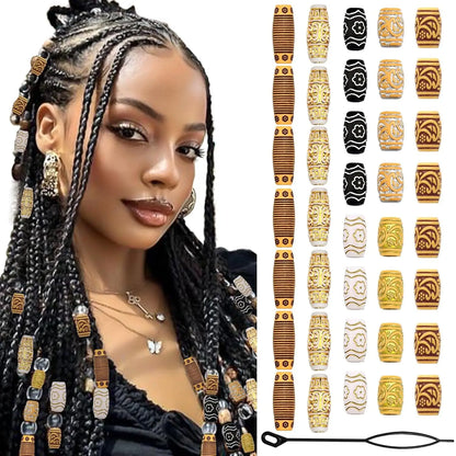 32-60PCS Human Hair Braiding Rings Kit — Gold, Silver & Wood Dreadlock Accessories Set for Men & Women Hair Styling