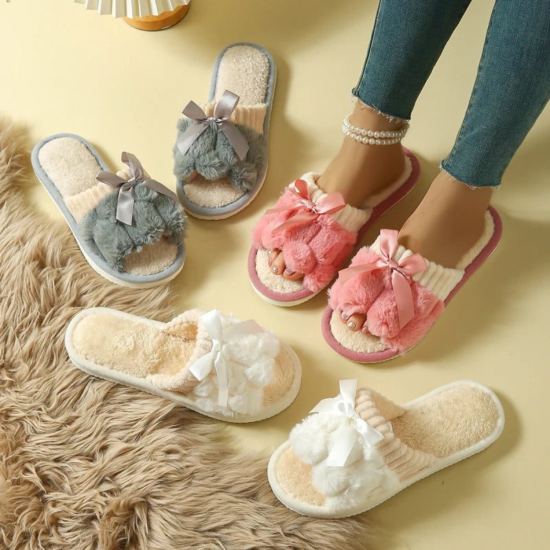 Autumn Winter Plush Bow Slippers – Cute Warm Fluffy Indoor Slides for Women & Men