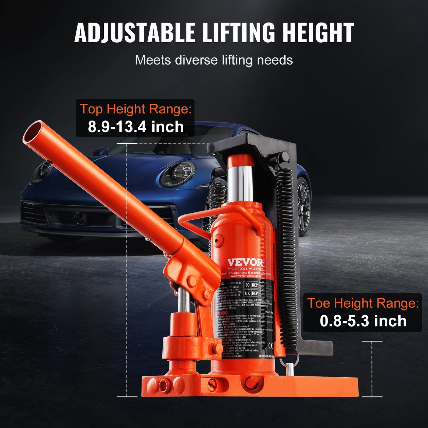 SucceBuy Hydraulic Toe Jack 2.5T – 5T Top Lift Capacity Machine Jack with 0.8–5.3in Toe & 8.9–13.4in Top Height
