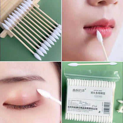100Pcs Natural Cotton Double-Pointed Cotton Buds - Precision Tips for Cleaning Narrow Areas, Bamboo Disposable Sticks
