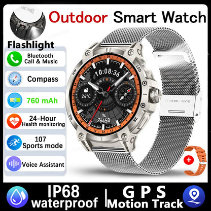 Military Smartwatch for Men – 760mAh Battery, LED Flashlight, Compass, 1.8" HD Screen, Heart Rate, Waterproof, BT Call