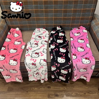 2024 Sanrio Hello Kitty Pajamas – Halloween Flannel Fashion Trousers for Women, Kawaii Woolen Anime Cartoon Casual Home Pants