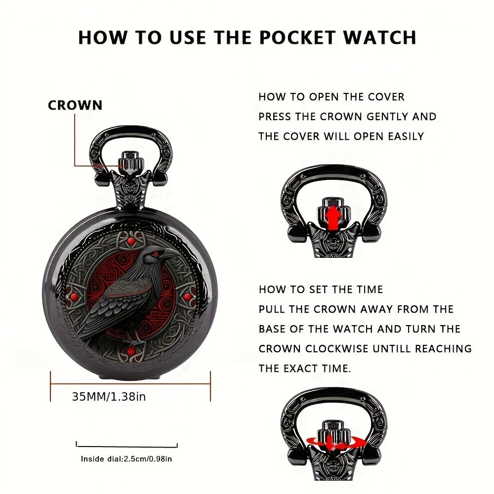 Gothic Black Raven Pocket Watch - Quartz Alloy Pendant Necklace Watch for Men, Women & Kids