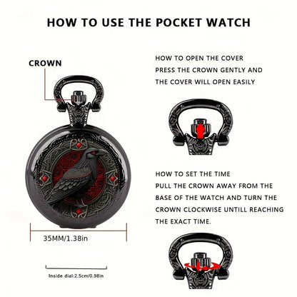 Gothic Black Raven Pocket Watch - Quartz Alloy Pendant Necklace Watch for Men, Women & Kids
