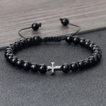 Natural Stone Bead Cross Bracelet - 6mm Braided Christian Prayer Jewelry with Jesus Charm for Men & Women