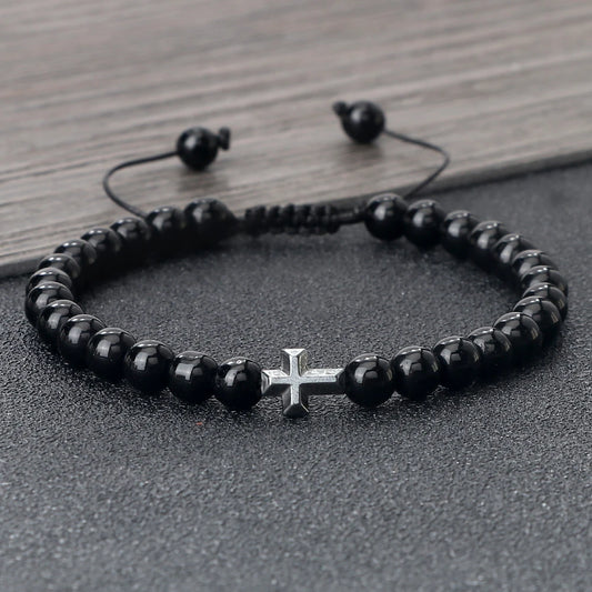 Natural Stone Bead Cross Bracelet - 6mm Braided Christian Prayer Jewelry with Jesus Charm for Men & Women