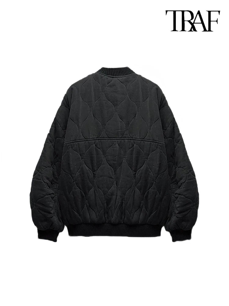TRAF Women’s Quilted Aviator Jacket – Solid Color Round Collar Long Sleeve Casual Coat