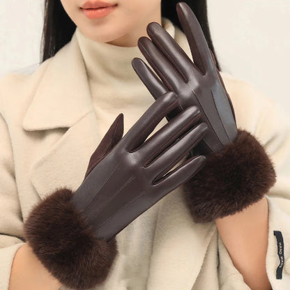 Women’s Winter Faux Fur Gloves - Warm PU Leather Gloves with Thermal Lining and Windproof Cuffs