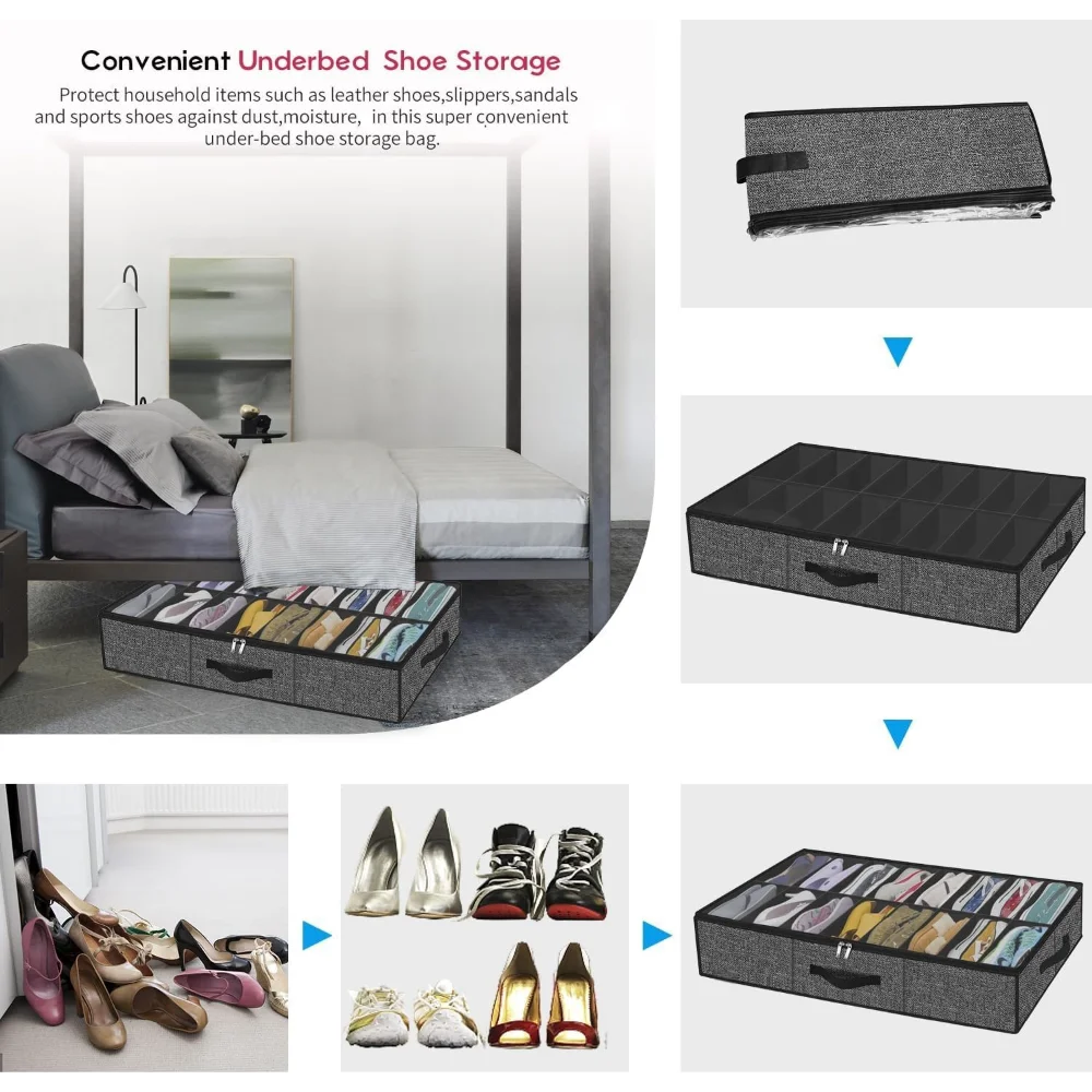 Under-Bed Shoe Storage Organizer Box — Collapsible Closet Container for 12 Pairs with Reinforced Handles