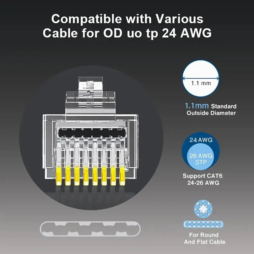 ZoeRax RJ45 Cat6 Pass-Through Connectors — 50/100/200PCS Modular Plugs 1.1mm | Solid & Stranded FTP/STP Cable