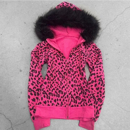 Pink Leopard Print Hooded Zipper Sweatshirt – Slim Fit Long Sleeve Streetwear for Spring & Autumn