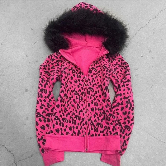 Pink Leopard Print Hooded Zipper Sweatshirt – Slim Fit Long Sleeve Streetwear for Spring & Autumn