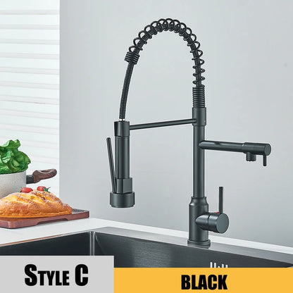 Black Kitchen Sink Faucet - Pull-Down Hot & Cold Water Mixer, 2-Mode Tap with Dual Spout, 360° Rotation, Flexible Deck Mounted