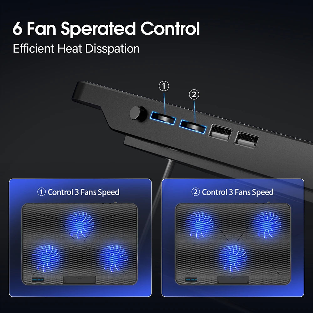 Coolcold 15.6–17.3 Inch Laptop Cooling Pad with 6 Quiet Fans, 7-Level Height & Wind Speed Adjustment, Laptop Cooler with Mobile Phone Holder