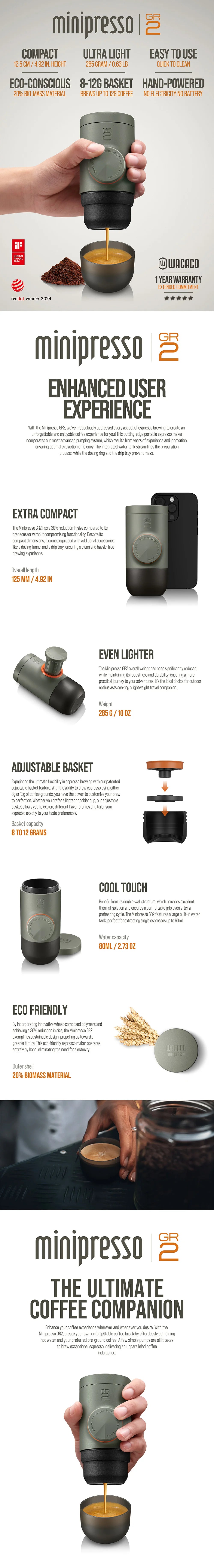 WACACO Minipresso GR2 – Portable Espresso Machine for Outdoor, Compatible with Ground Coffee, Travel & Camping Coffee Maker Gift