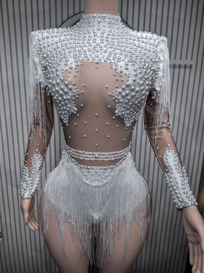 Sparkly Blue Rhinestone Leotard - One-Shoulder Fringe Bodysuit for Dance, Stage & Performance