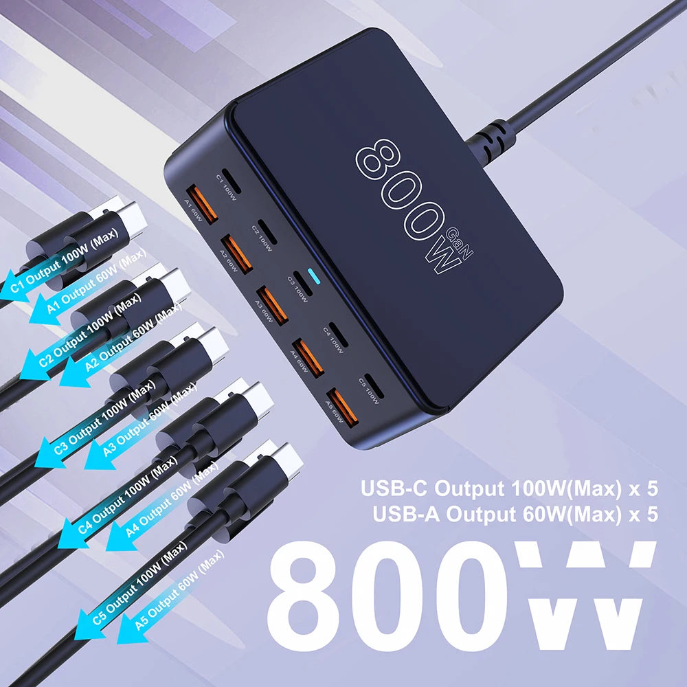800W USB-C GaN Fast Charger - 100W PD3.0 PPS QC3.0 Multiport Charging Station for iPhone, Samsung & Laptops