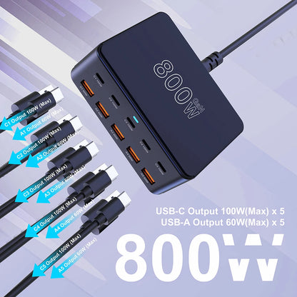 800W USB-C GaN Fast Charger - 100W PD3.0 PPS QC3.0 Multiport Charging Station for iPhone, Samsung & Laptops