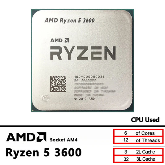 AMD Ryzen 5 3600 – Used 3.6GHz Zen 2 Gaming CPU, 6-Core 12-Thread, 65W L3=32MB, Socket AM4