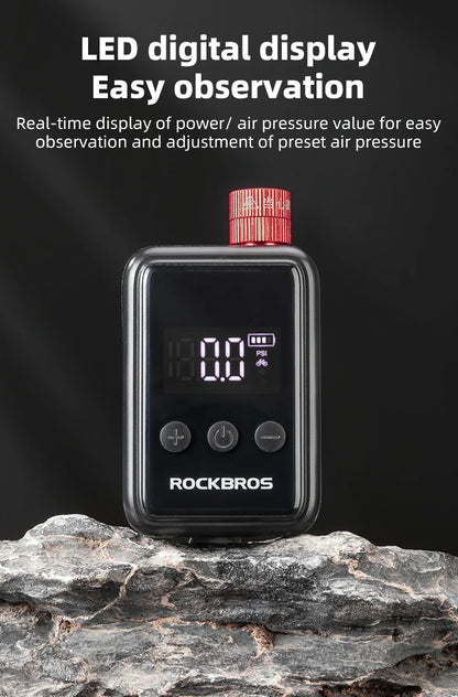 ROCKBROS 150 PSI Portable Bike Air Pump – Digital Tire Inflator, Rechargeable Mini Compressor