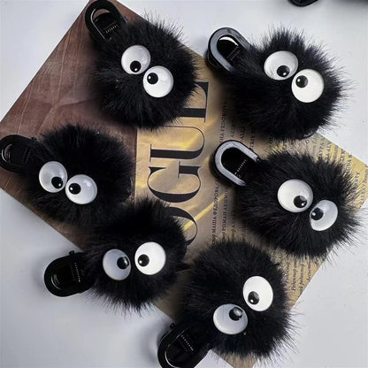 Black Fuzzy Hair Clip - Cute Big Eyes Design Hair Accessory for Women and Girls, Daily and Party Wear