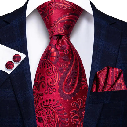 Hi-Tie Red Burgundy Plaid Silk Tie Set — Designer Men’s Necktie with Handkerchief & Cufflinks for Wedding or Business
