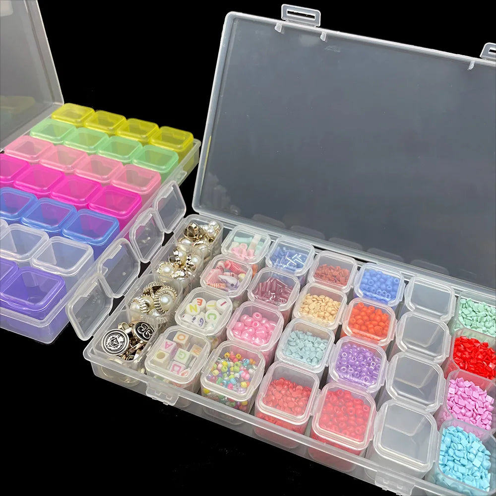 28-Grid Diamond Painting Storage Box – With Funnel, Sticker, Pen, and Embroidery Accessories Container