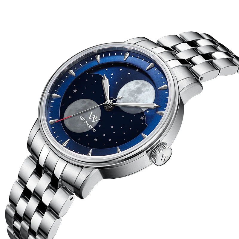 WM Welly Merck Automatic Mechanical Men's Watch — Lunar Moon Phase, Sapphire, Waterproof, Luminous Twin Moons WM142