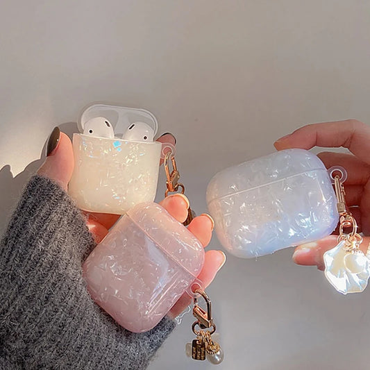 Dreamy Pearl Shell AirPods Case with Keychain – Soft Protective Cover for AirPods Pro 2/1, 3, 2, 1