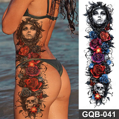 Full Arm Dragon Skull Tattoo Sleeve - Waterproof Temporary Body Art Sticker with Clock Compass Flower Design for Men & Women