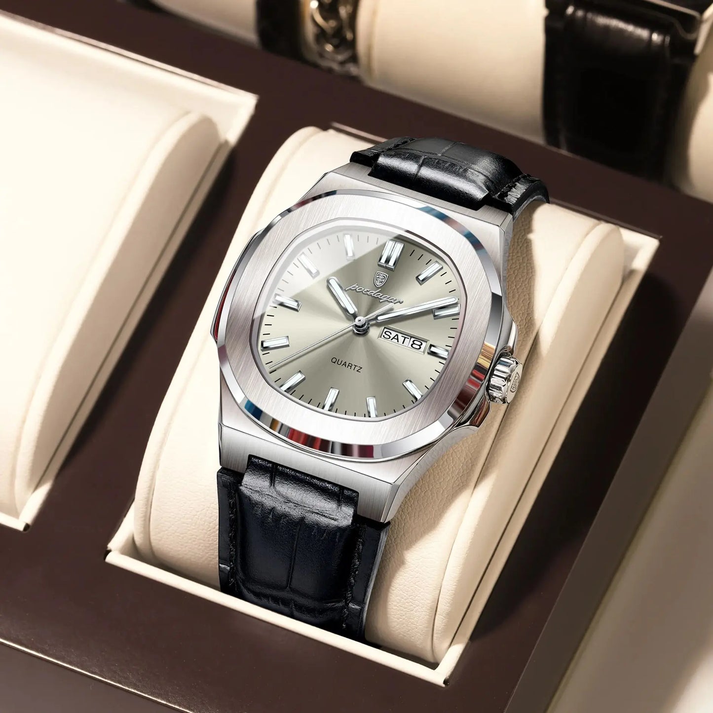 POEDAGAR Luxury Men’s Square Quartz Watch – Luminous Waterproof Leather Strap with Week Calendar