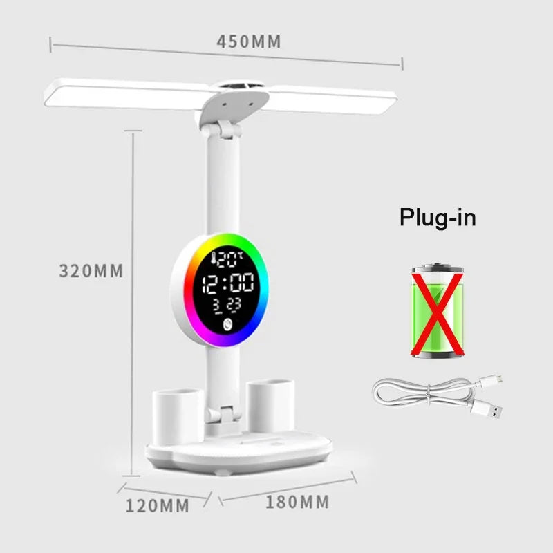 LED Desk Lamp with Fan & Clock - Adjustable Brightness Reading and Study Light