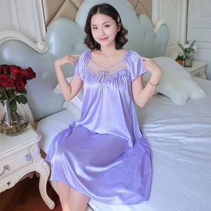 Women’s Ice Silk Nightgown – Medium-Length Short Sleeve Sexy Sleepwear, Loungewear & Home Pyjama for Ladies
