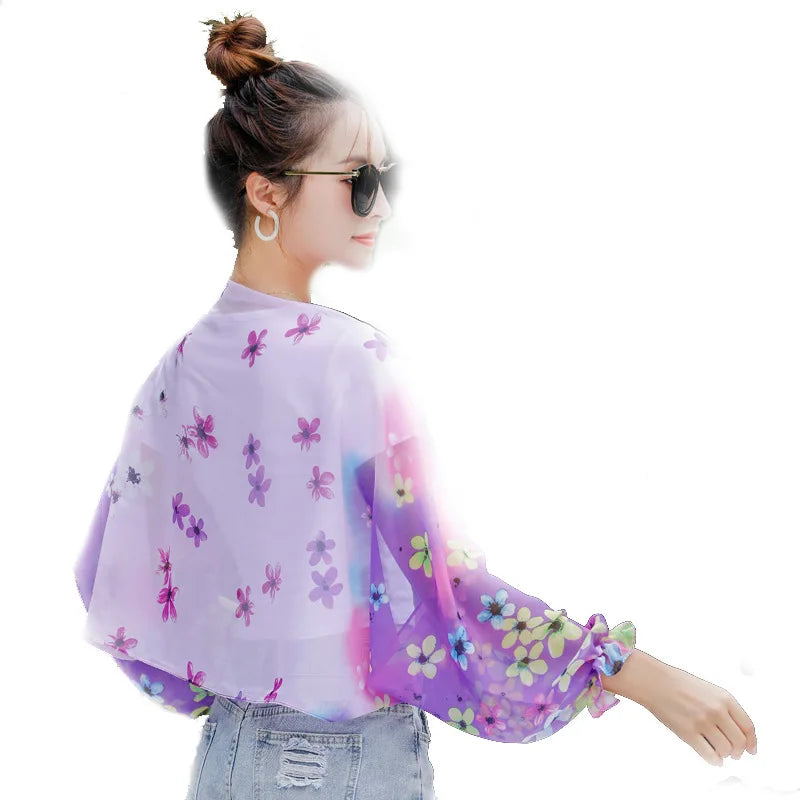 Print Flower Chiffon Sun Protection Beach Shawl for Women - Stylish Sunscreen Riding Arm Shade Scarf - Perfect for Outdoor Cycling and Driving Sleeve