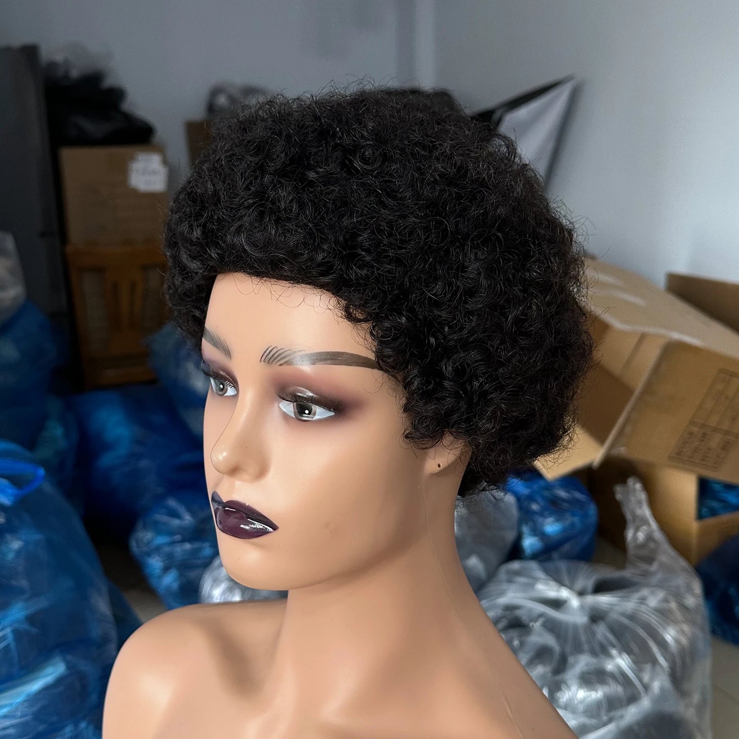 Brazilian Short Pixie Cut Wig - Human Hair Afro Kinky Curly Full Machine-Made Wig for Women