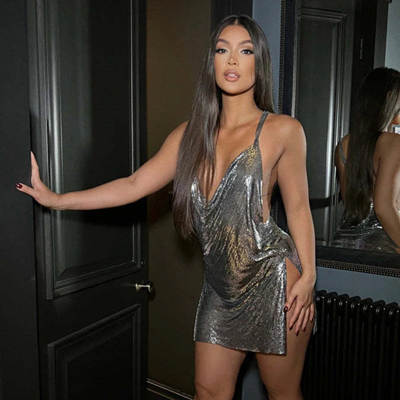 Women’s 90s Rave Glitter Mini Dress – V-Neck Lace-Up Sequin Y2K Clubwear, Sexy Backless Bodycon with Metal Details for Party