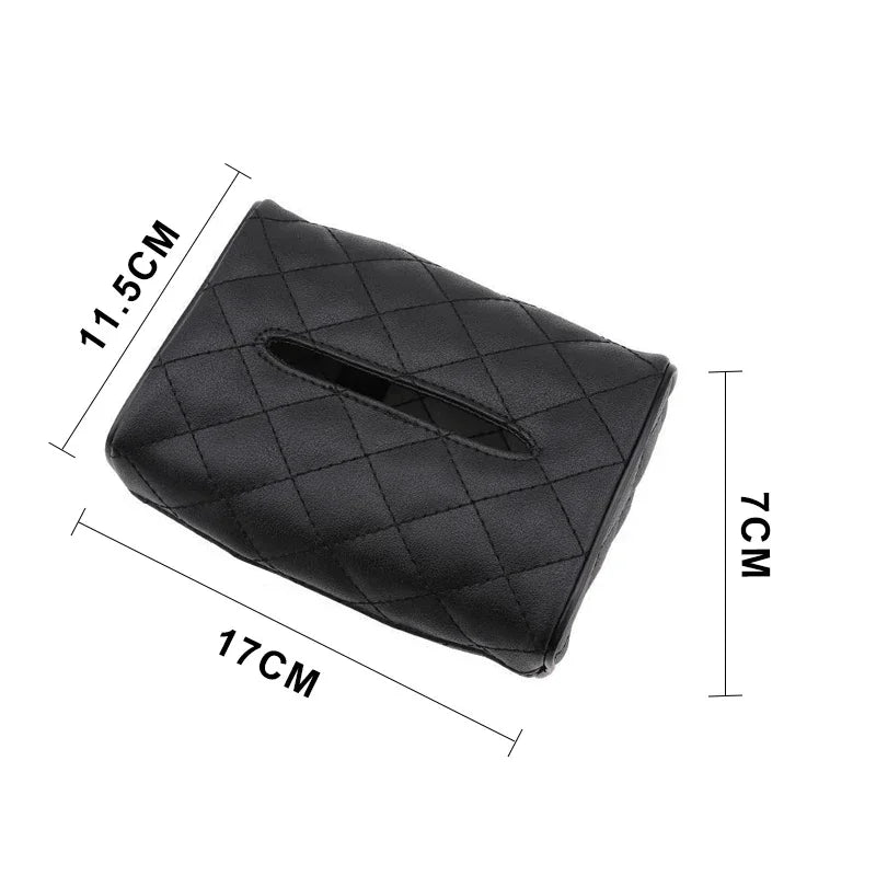 Checkered Leather Car Tissue Box – Solid Color, Wear-Resistant Sunshade Hanging Bag with Buckle Strap, Easy Installation