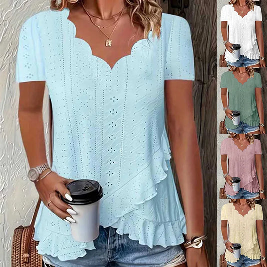Women’s Summer 2025 Fashion Blouse – Loose Ruffle Hollow-Out V-Neck Short Sleeve Top, Casual Solid Color Shirt