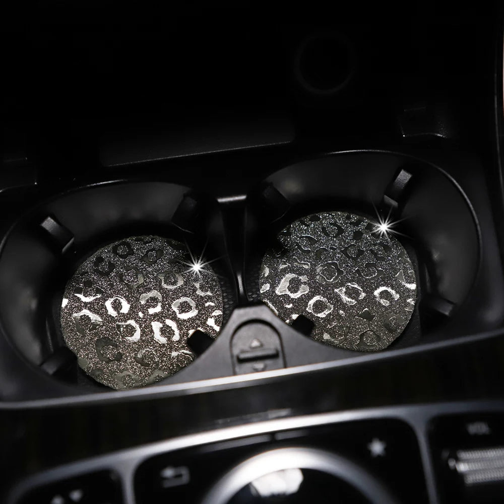 Waterproof Car Cup Holder Set - Glitter Leopard Print TPU Anti-Slip Interior Accessories