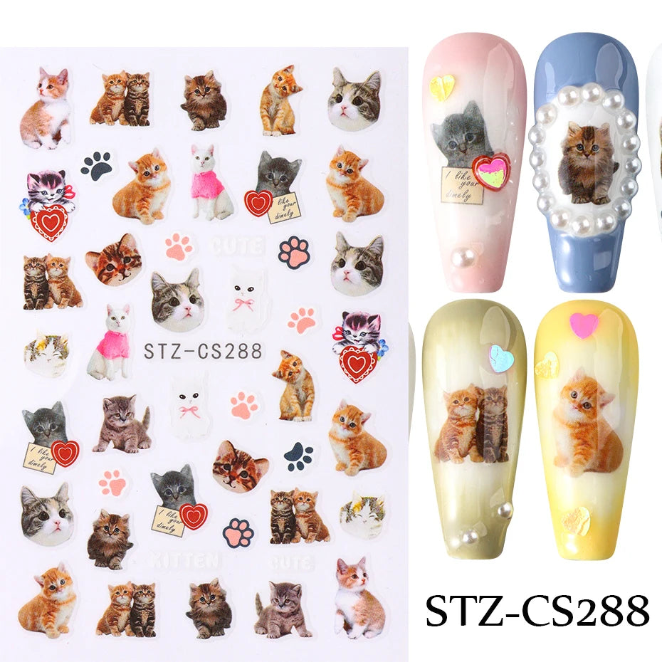 3D Animal Nail Art Stickers - Cute Cartoon Dog, Cat & Bunny Self-Adhesive Decals